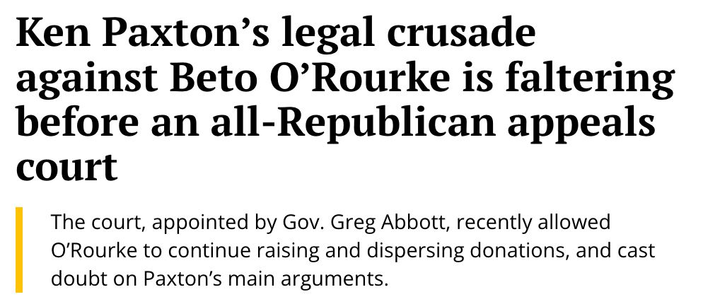 Headline: Ken Paxton's legal crusade against Beto O'Rourke is faltering before an all-Republican appeals court.