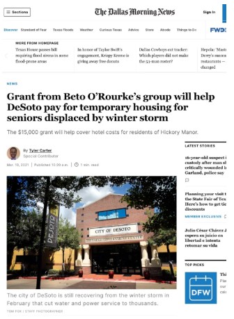 Grant from Beto O’Rourke’s group will help DeSoto pay for temporary housing for seniors displaced by winter storm