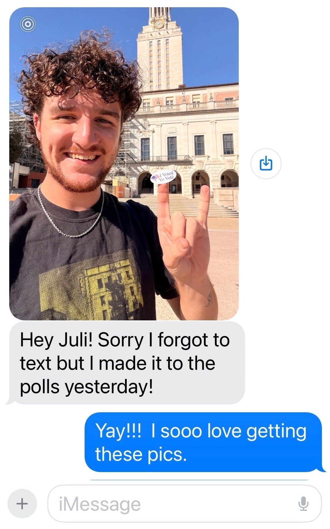 Voter texting Powered by People volunteer picture of 'I voted' sticker