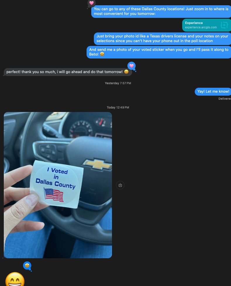 Voter texting Powered by People volunteer with 'I voted' stickers in Dallas County